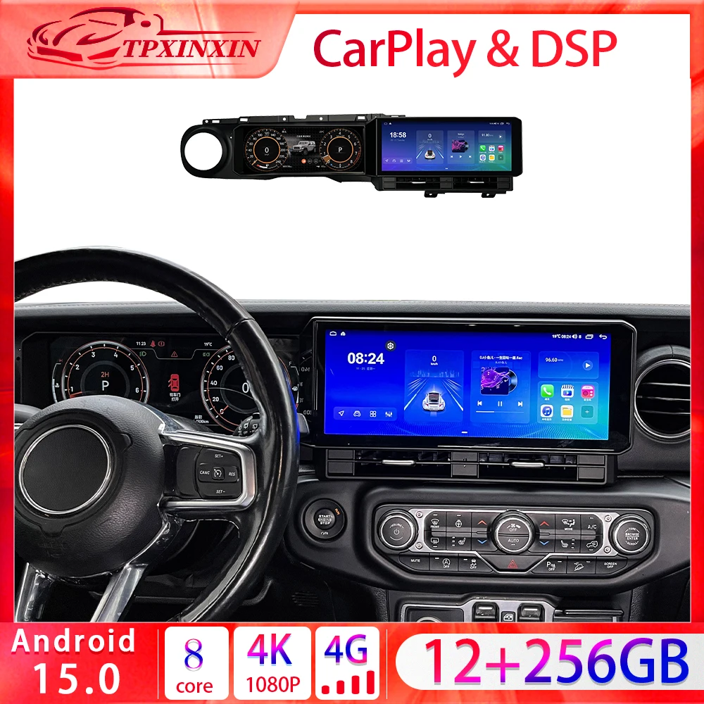 Car Digital Cluster 12.3' Radio with Digital Speedometer Dual Screen For Jeep Wrangler 2018-2023 Multimedia Player Android Unit