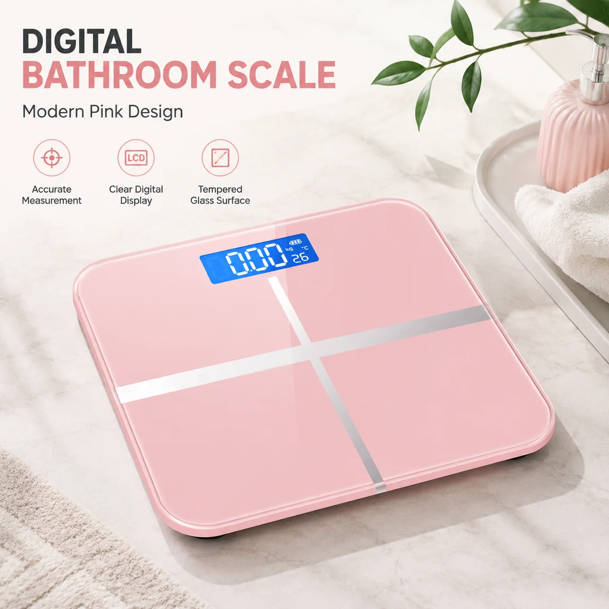Digital Bathroom Scale, Electronic Body Weight Scale with LCD Display, Tempered Glass Platform, High Accuracy Personal Weighing Scale for Home Fitness and Bathroom Use