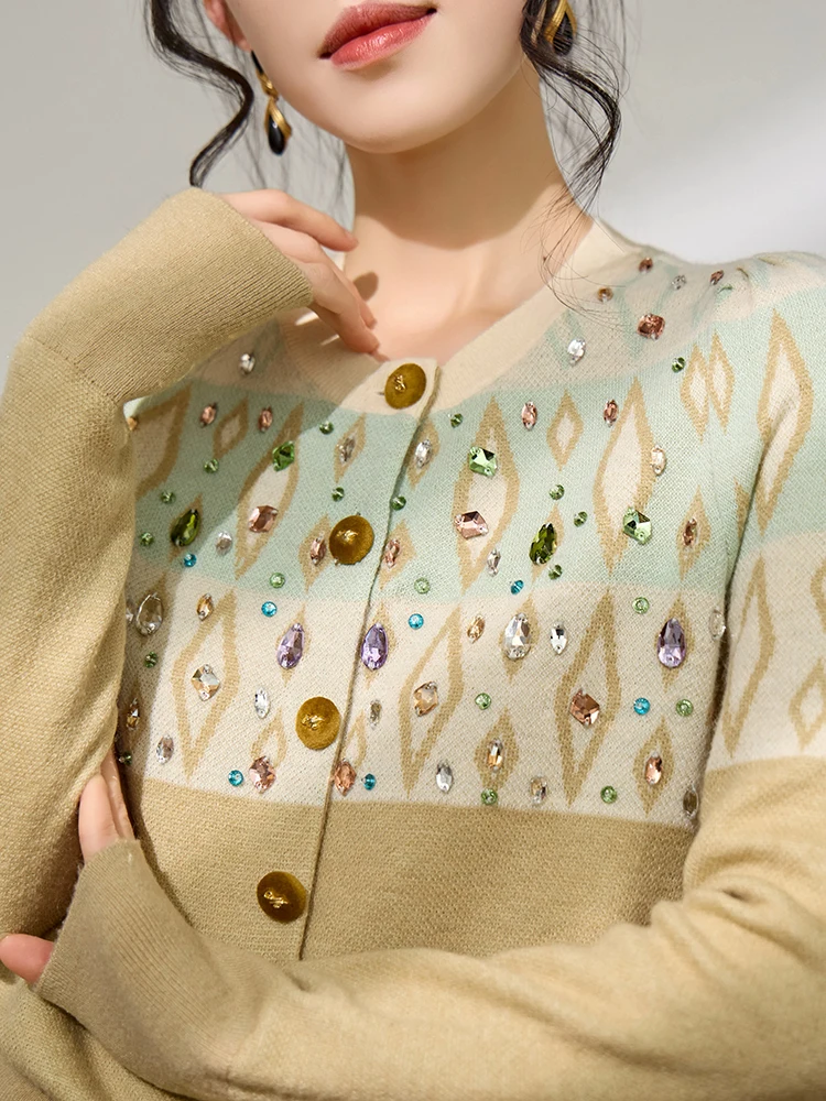 Women Cropped Embellished Cardigan Beaded Geometric Knit Sweater Long Sleeve Button Up Top Elegant Vintage Slim Fit Fall Winter