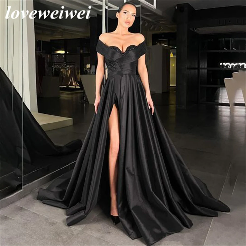 Off The Shoulder Black Evening Dresses A Line Beading Evening Gown High Split Celebrity Dresses Stain Elegant Party Dresses