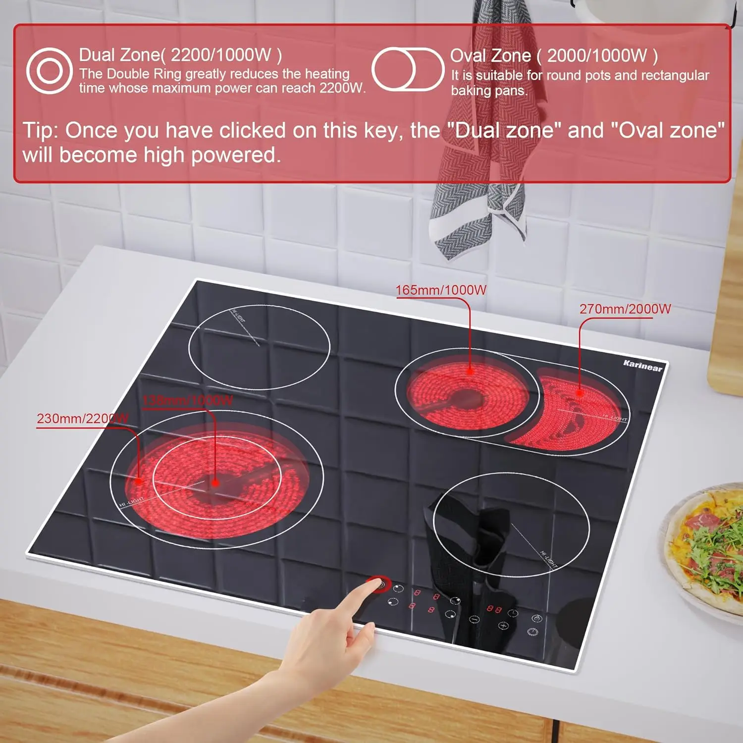 Karinear Ceramic Hob, 60cm Built-in 4 Zones Electric Cooktop with Dual Oval Zone 6600W, Hard Wired, No Plug Included