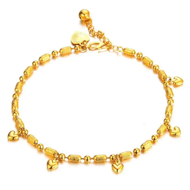 

Luxe Golden Heart Anklet – Textured Beaded Chain with Dangling Charms