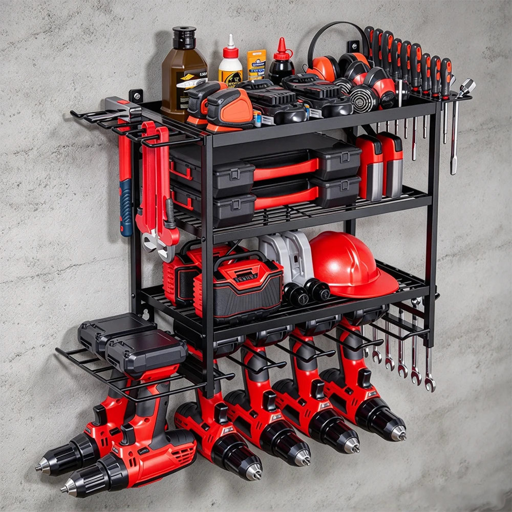 Portautensili in metallo, organizer per utensili elettrici con supporto per martello, scaffale da parete per utensili pesanti, supporto per trapano elettrico, ideale per garage e officine.