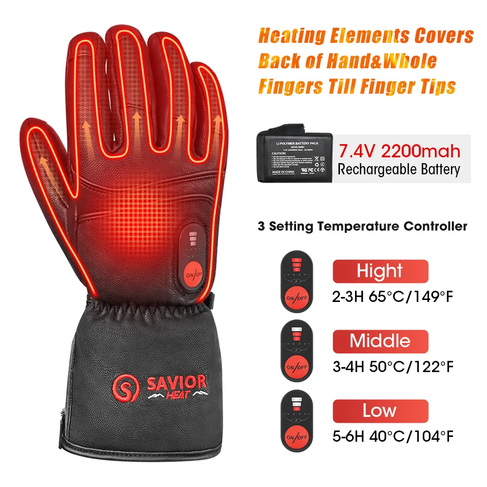 SAVIOR HEAT Electric Heated Leather Gloves Rechargeable Battery Waterproof Heated Gloves for Men Women Cycling Ski Thermal Warm