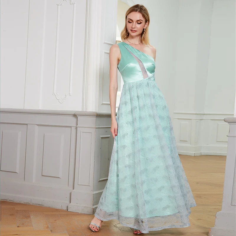 Angel-fashions One Shoulder Hollow Out Satin Panel Lace Prom Dress Formal Evening Wedding Guest Gown Mint Green