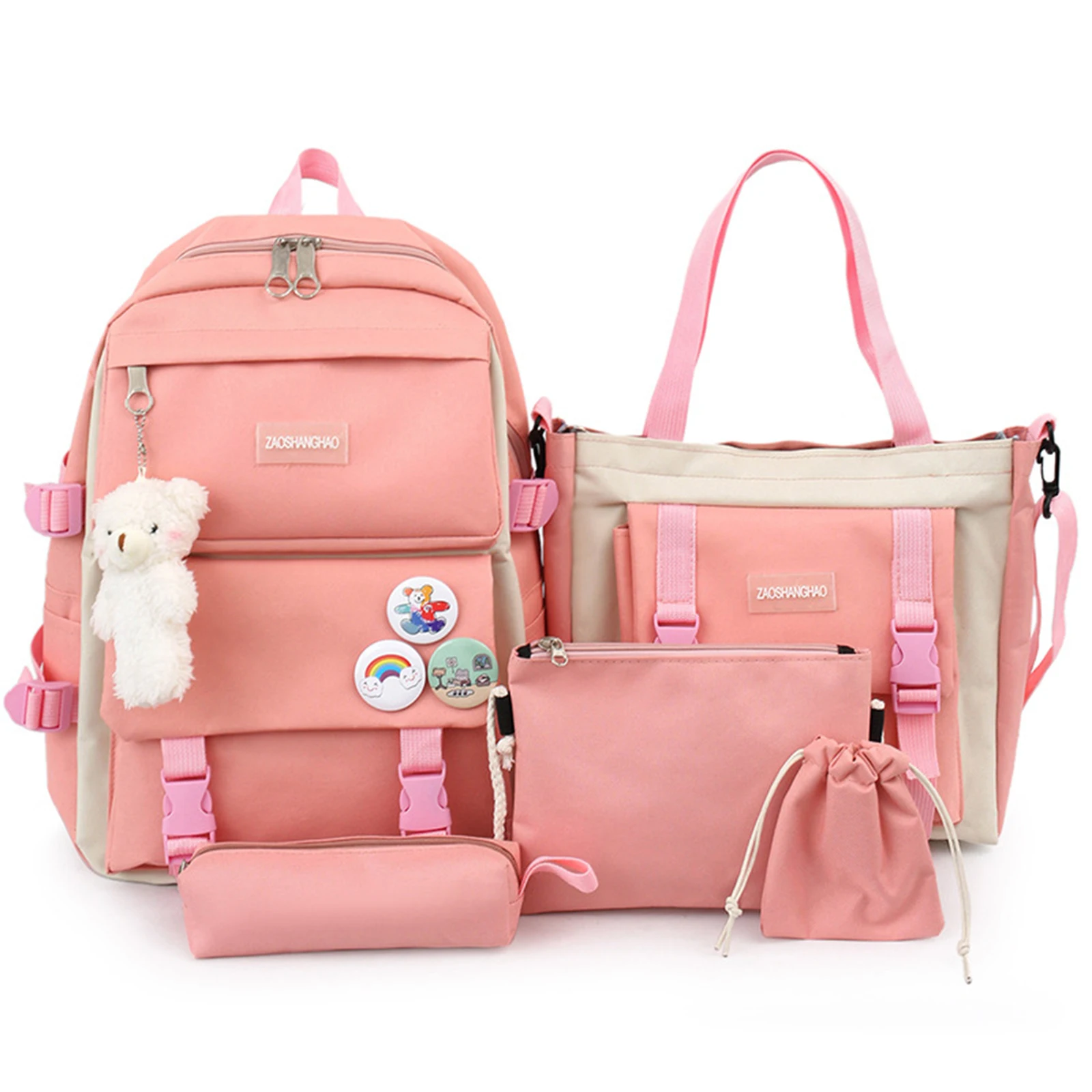 Backpack with Kawaii Pin and Accessories, 5Pcs Kawaii Backpack Combo Kit, Canvas Backpacks, Cute Kawaii Backpack Large Capacity