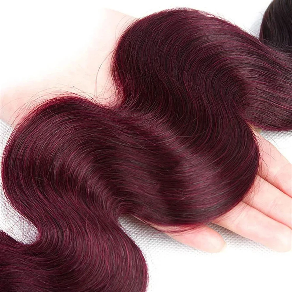 Tissage en Lot Brésilien Naturel Body Wave Rouge Bordeaux 99J, Extensions de Cheveux Humains, Richesse, pour Femme Noire, 1/3 Pièces