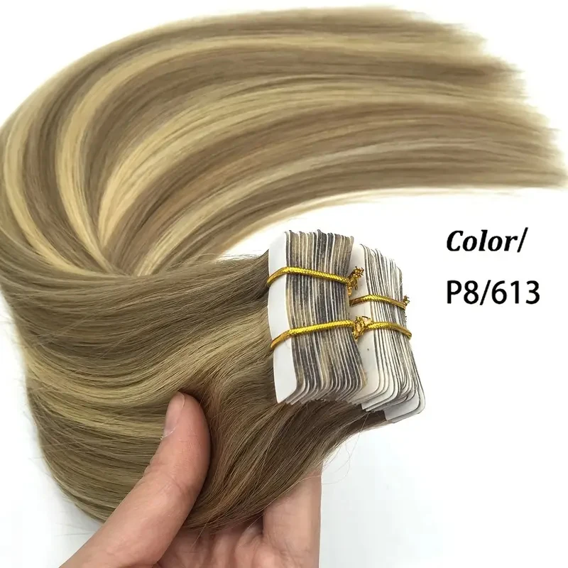 Extensiones de cabello de cinta en 100%, extensiones de cabello humano, cinta de trama de piel sin costuras, # P8/613, cabello virgen de 16-26