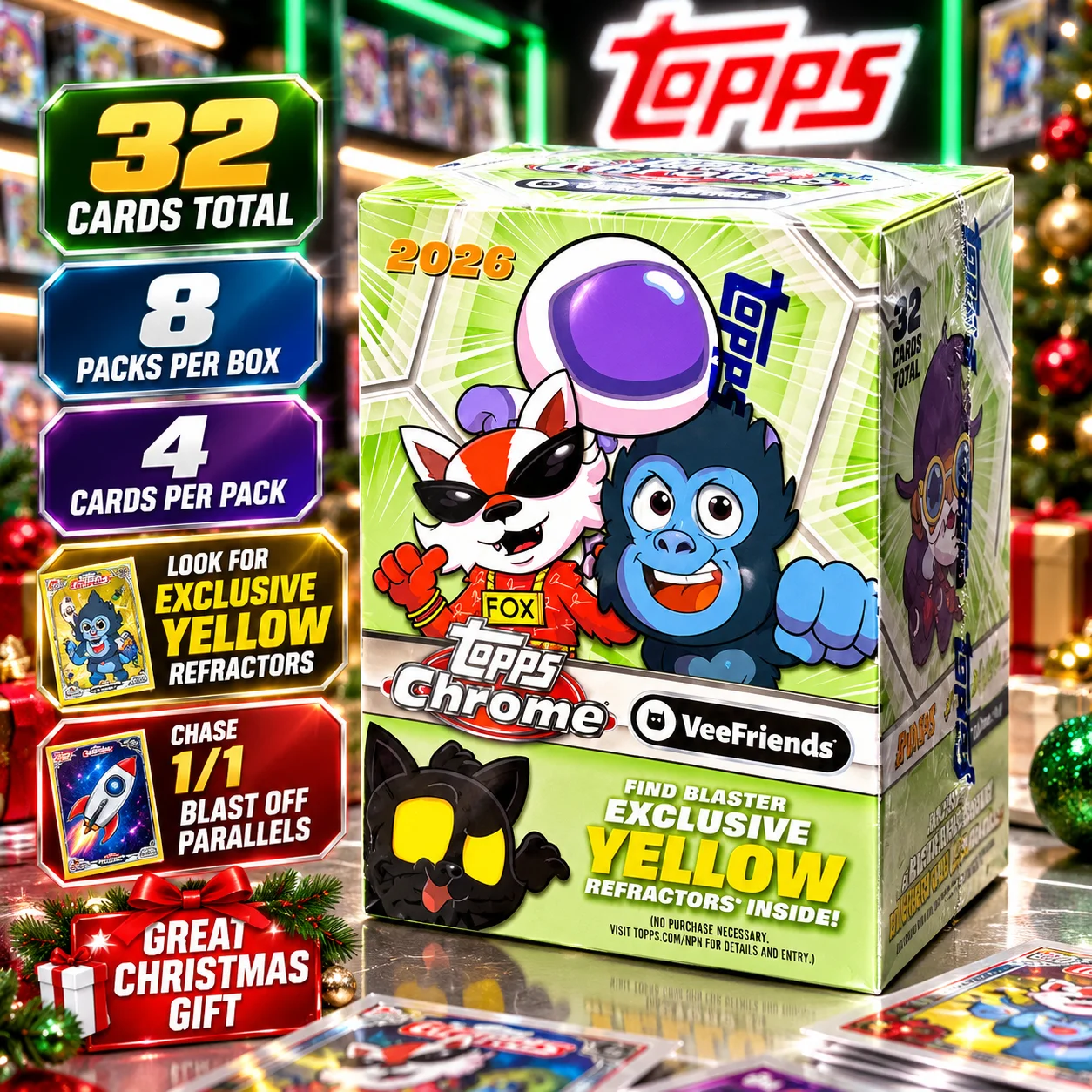 32 Cards 2026 Topps Chrome VeeFriends Blaster Box, 8 Packs with 4 Cards Each, Factory Sealed Trading Card Collection, Look for Exclusive Yellow Refractors & Rare 1/1 Blast Off Parallels, Collectible Cards, Christmas Gifts