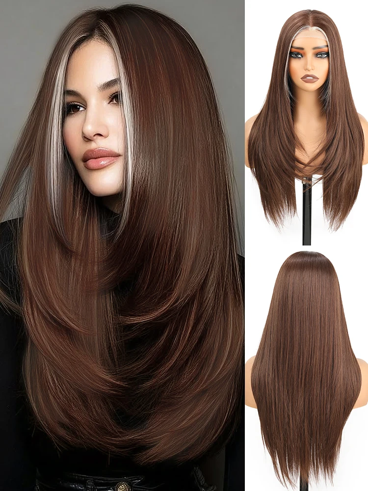 

Белые пряди с эффектом осветления, коричневый многослойный парик, парик с кружевной передней частью 13x4 высокой четкости, подходит для повседневного ношения женщинами.