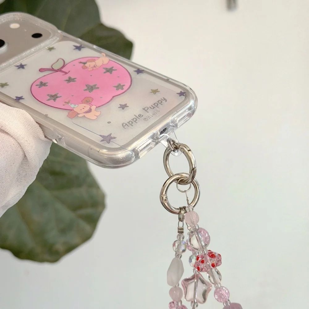 Cute Apple Puppy Print Glitter Star Phone Case for iPhone 17 Pro Max 16 Max 15 Pro 16 17 Kawaii Shockproof Girly Case with Charm