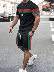 Men's New Summer Suit Line Print Simple Sport Splicing Trend T-shirt Loose Casual Suit Short Sleeve Shorts Men's Summer Suit