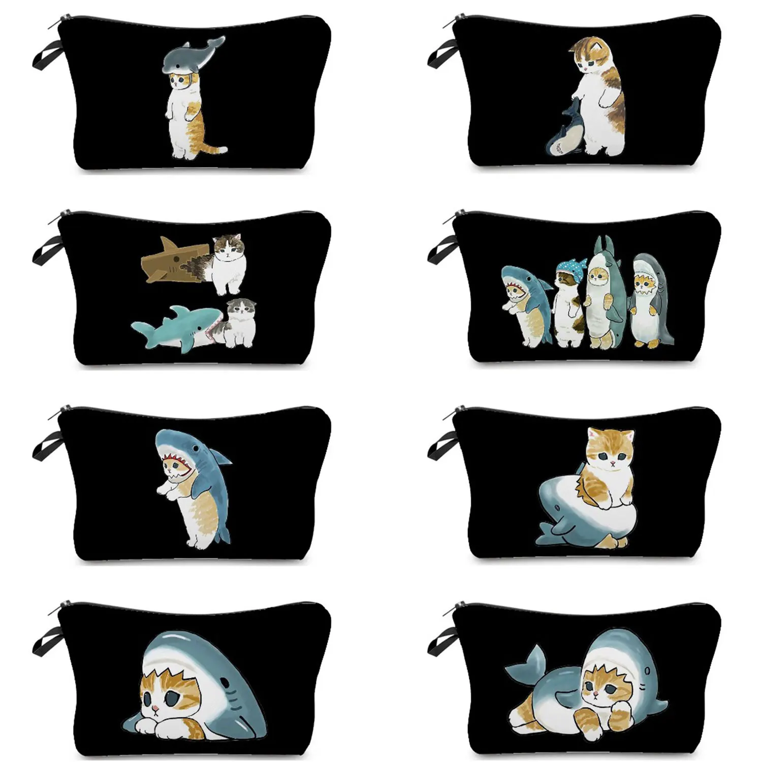 Cartoon Shark Set Cute Cat Print Women\'s Cosmetic Bag Ladies Portable Purse Organizer Insert Female Toilet Bag Travel Makeup Bag