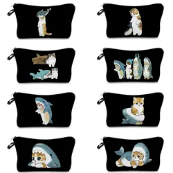 Cartoon Shark Set Cute Cat Print Women's Cosmetic Bag Ladies Portable Purse Organizer Insert Female Toilet Bag Travel Makeup Bag