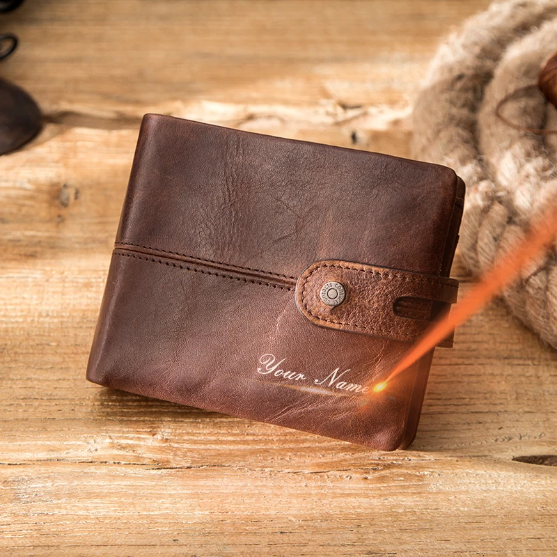 Contact's Engraving Wallet Men Genuine Leather Wallets Small Coin Purse Hasp Leather Money Bag Male Card Holder Purse RFID