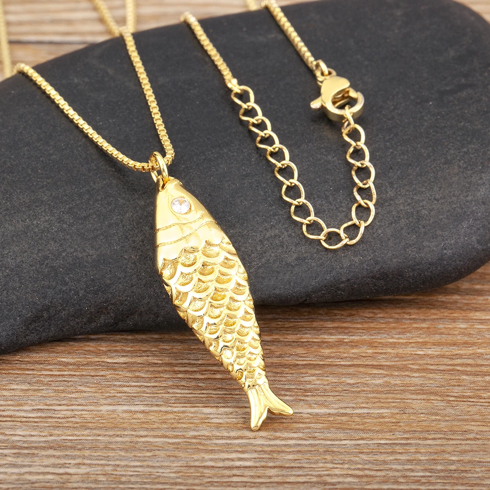 Nidin New Popular Fish Shape Shiny Zircon Charm Pendant Necklace For Women Men Fashion Cute Chain Link Jewelry Daily Party Gifts