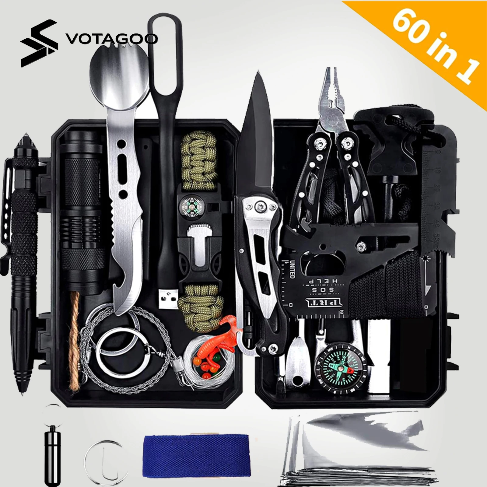 

Emergency Survival Gear Kits 60 in 1, Outdoor Survival Tool with Emergency Bracelet Whistle Flashlight Pliers Pen Wire Saw