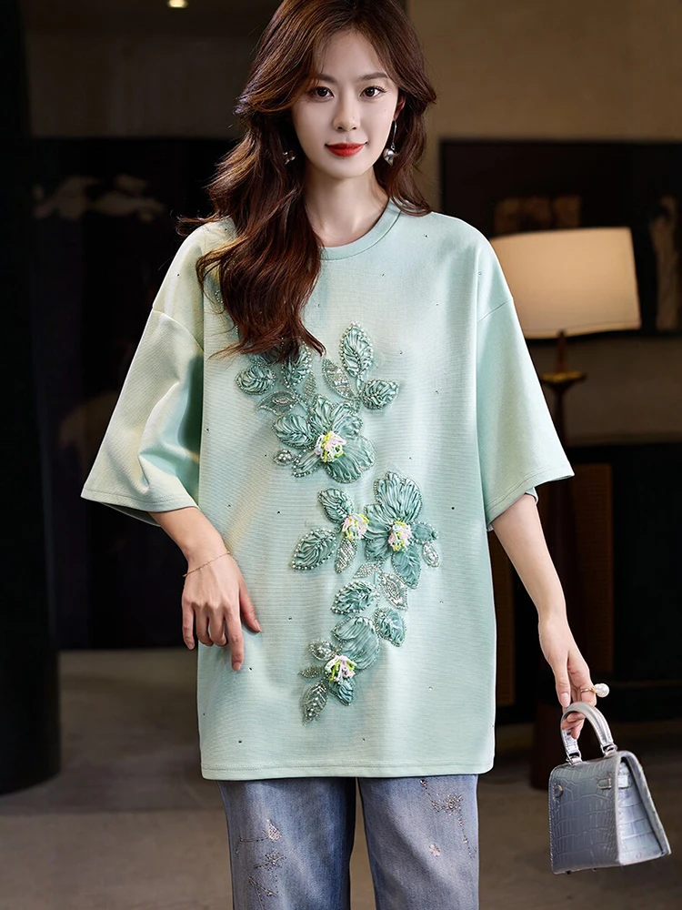 Women Loose Fit T Shirt 3D Floral Beaded Decor Short Sleeve Top Casual Elegant Cotton Blend Fashion Summer Shirt