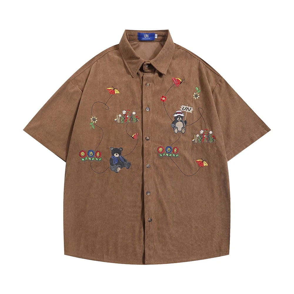 

Fashionable Bear Embroidered Short-Sleeved Shirt For Men 2024 Summer New Loose Casual Lapel Top American Trend Lapel Shirt