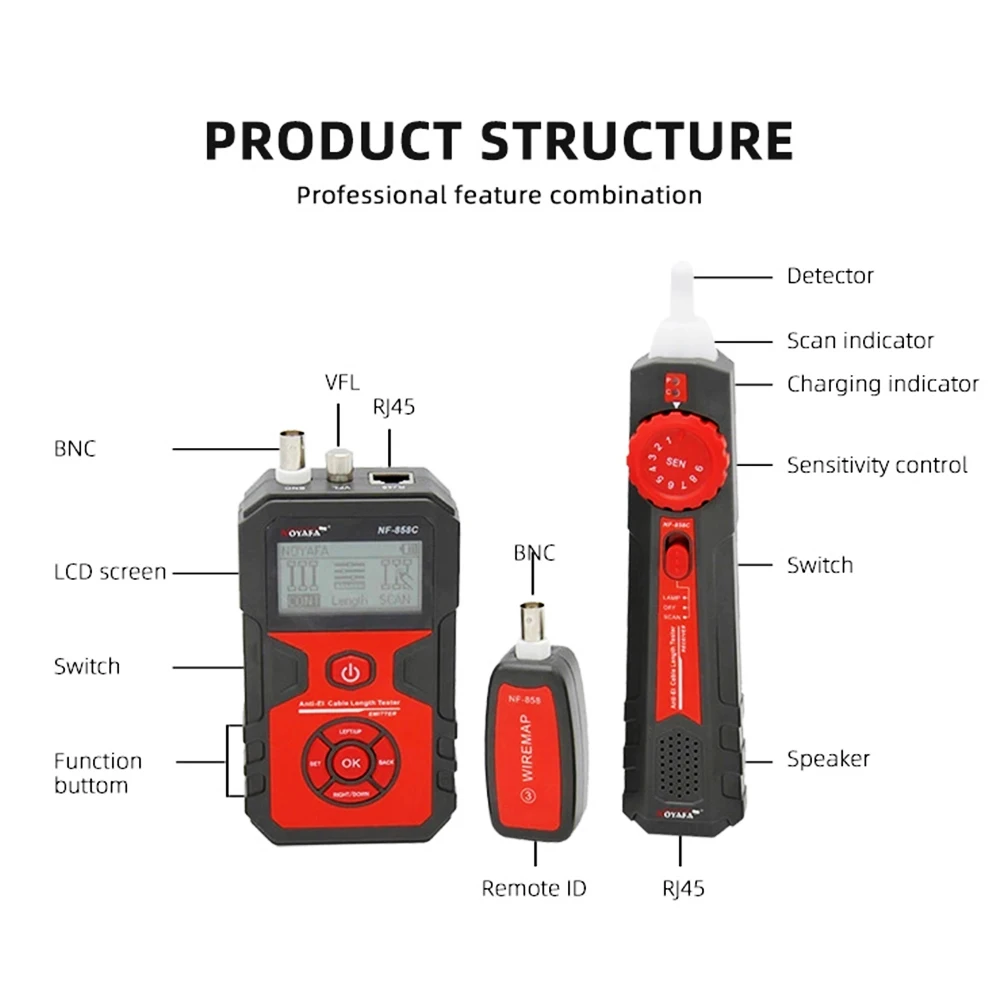 NOYAFA-rastreador de cables de NF-858C, probador de Cable de red, buscador BNC, medida de longitud de Cable, prueba de voltaje POE, localizador de