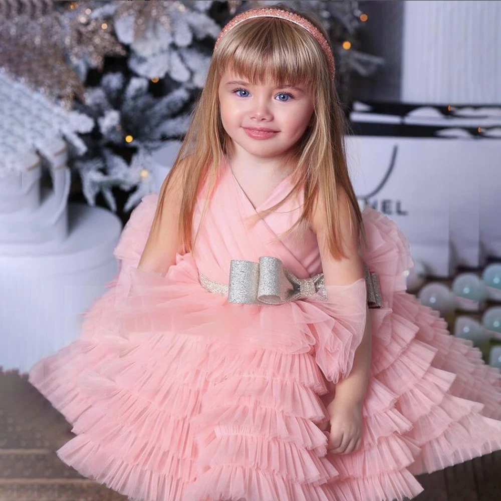 Summer Pink Tulle Girl Party Dresses Vestidos Fluffy Bow Birthday Princess Flower Girls Dress For Kids Wedding Children Clothing