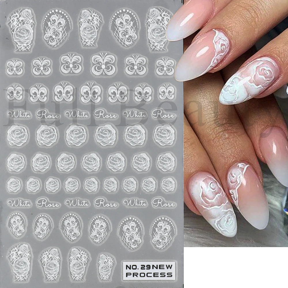 3D White Nail Stickers Wedding Bride Nail Design Rose Small Flowers Sliders Elagant Lace Decals Gel Polish Manicure Tattoos NLNO