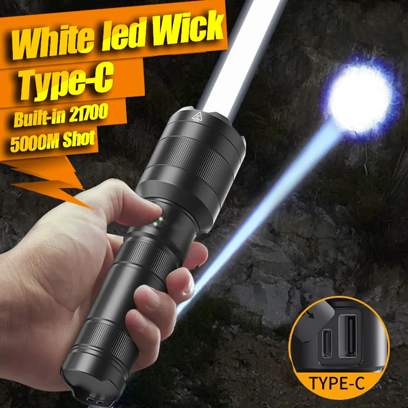 

5000 Meters Long Throw White 30W LED Wick Tactical Flashlight Super Brightness Type- C Rechargeable Searching Spotlights Lamp