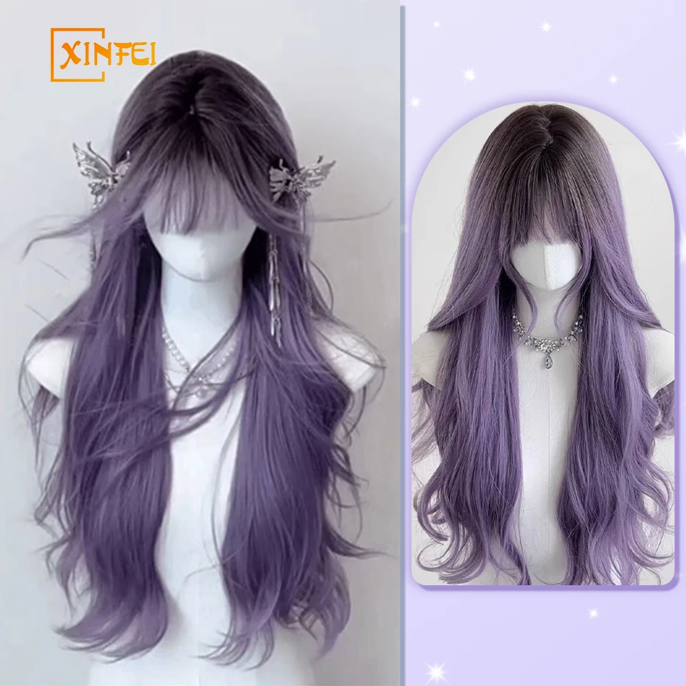 XINFEI Wisteria Flower Wig for Women Purple Long Wavy Hair Big Wave Long Wig Simulation Human Hair Cosplay Lolita Headband Wig