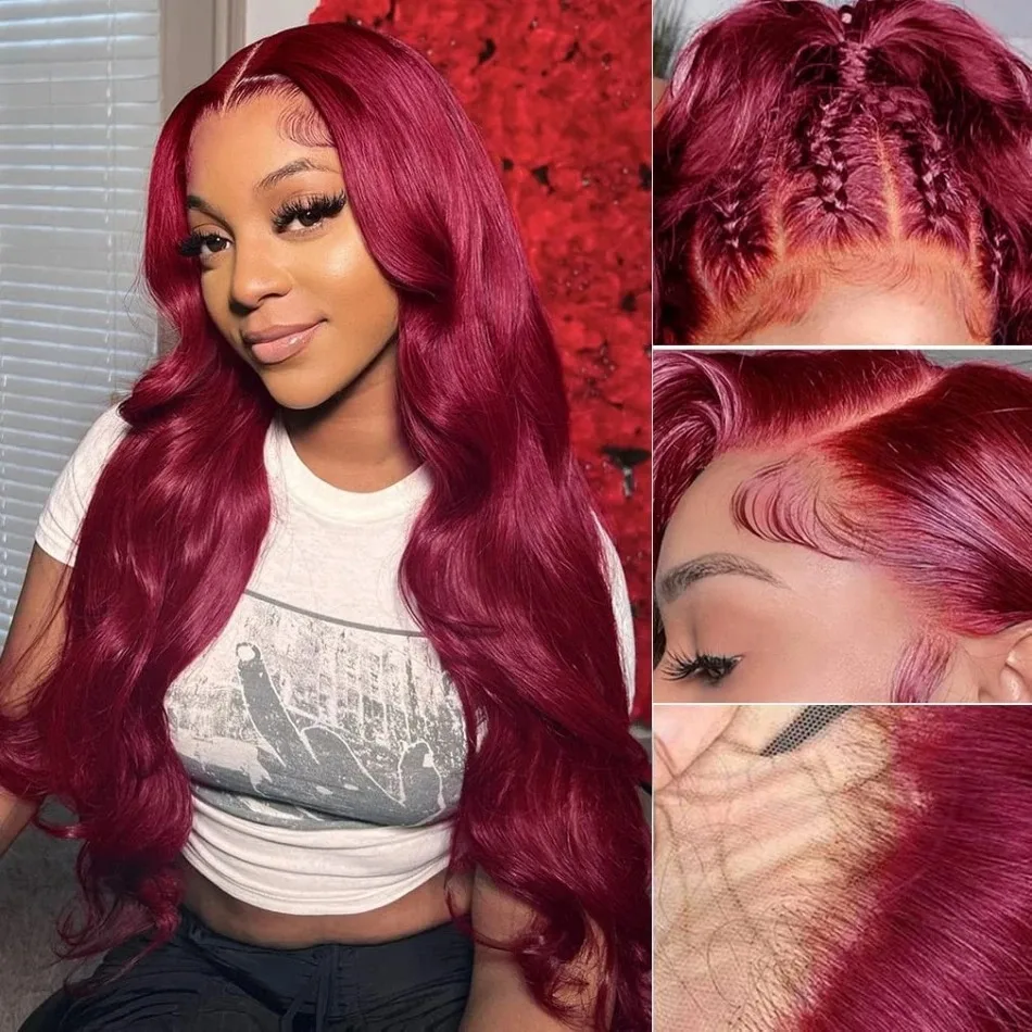 99J Burgundy Body Wave 13x4 Lace Front Wig 13x6 100% Human Hair HD Transparent 30 38 Inch Lace Frontal Wigs Red Wine Brazilian