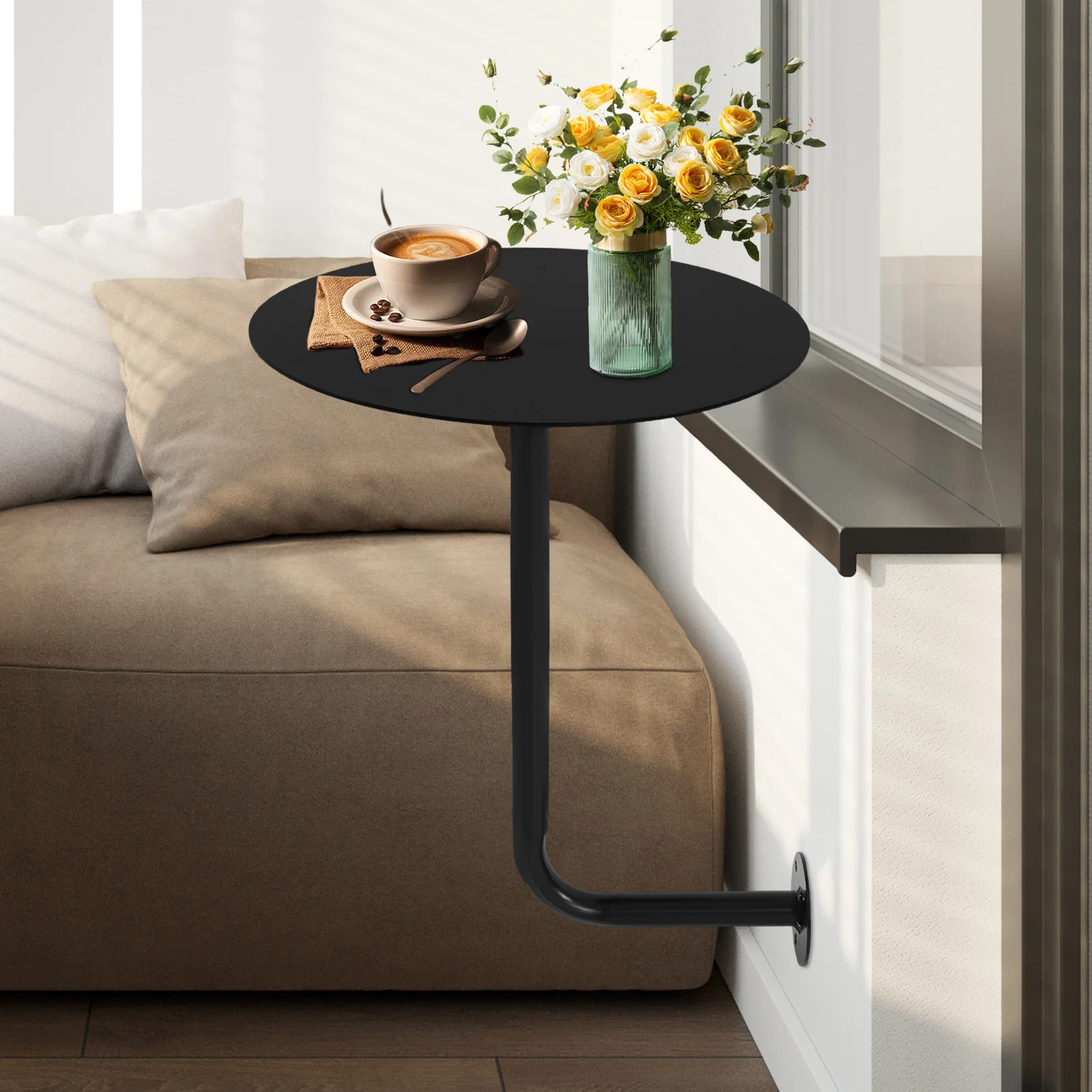 Wall Mounted Round Coffee Table, Industrial Black Pub Table with 33lb Capacity, Space Saving Bar Table for Home & Commercial