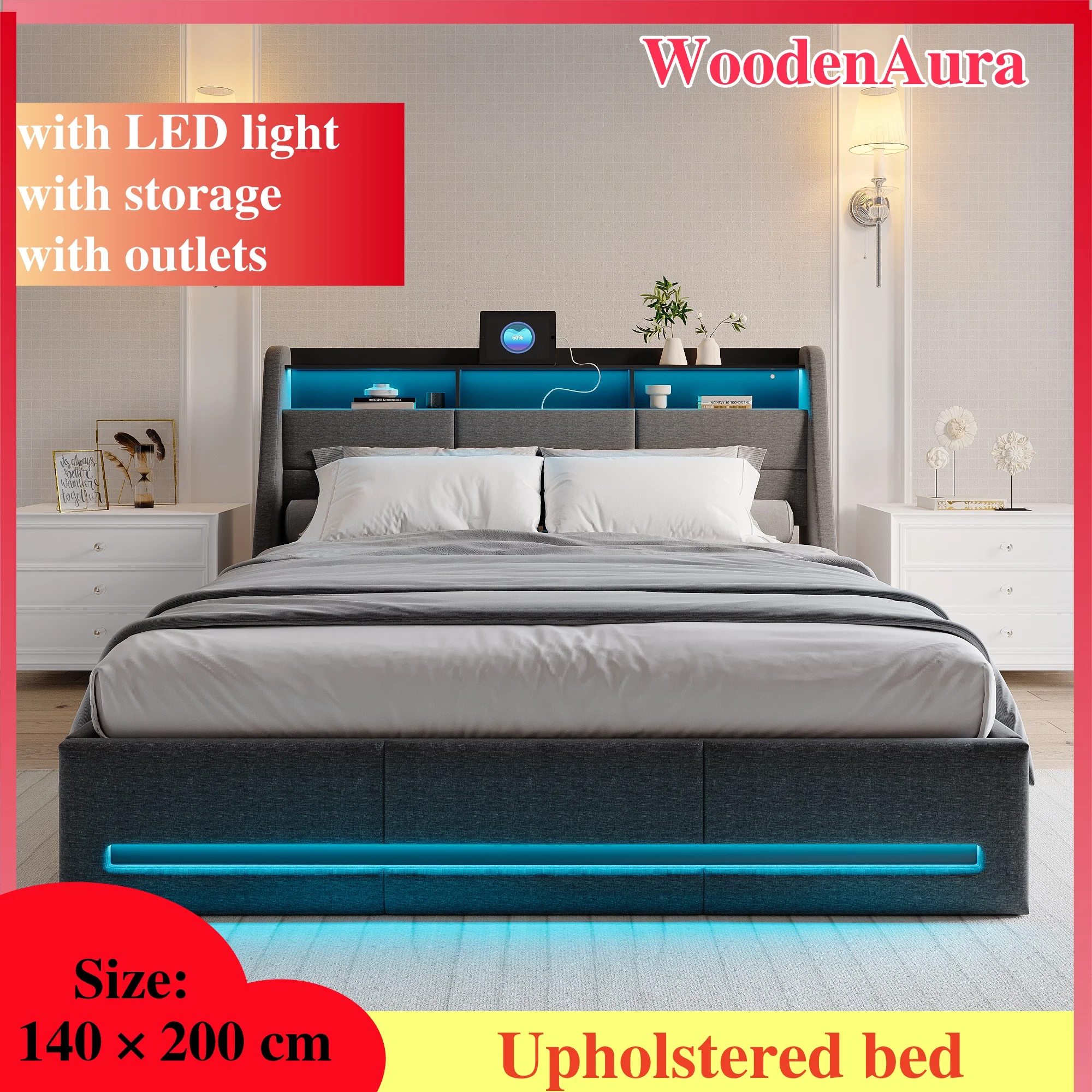 Cama doble moderna de 140x200 cm, cabecero tapizado, estructura de cama con almacenamiento, cabecero LED con carga USB, estructura de cama para adolescentes
