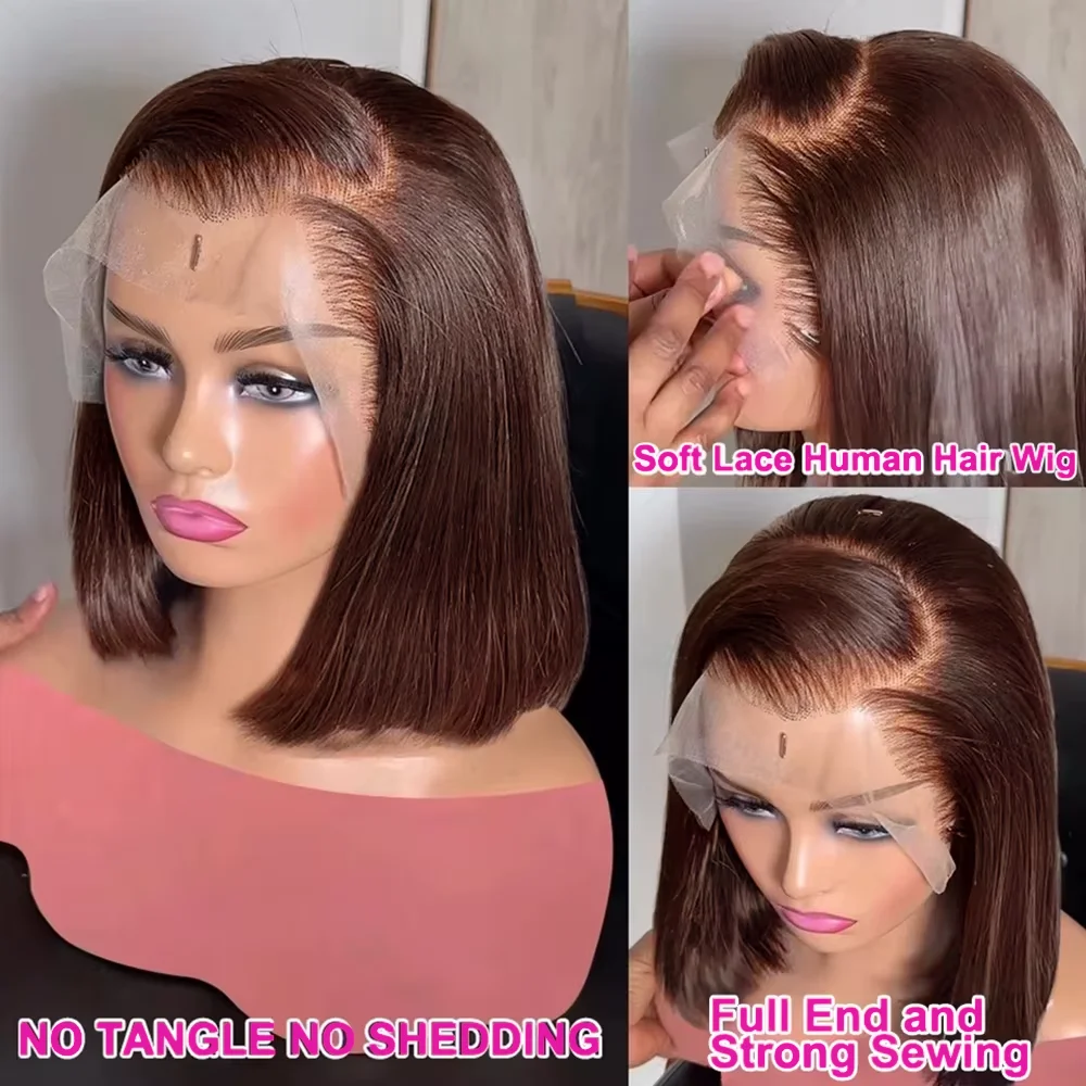 13x4 Lace Front Wig Short Bob Human Hair Chocolate Brown Straight 230% Density HD Transparent Lace Frontal Wigs #4 Bob Hair