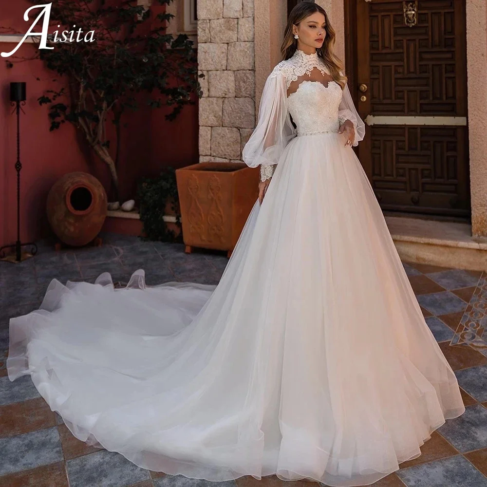 Luxury Sweetheart A Line Bridal Gowns Puffy Sleeves Lace Up Back Appliques Wedding Dress Backless customized Vestidos De Novia