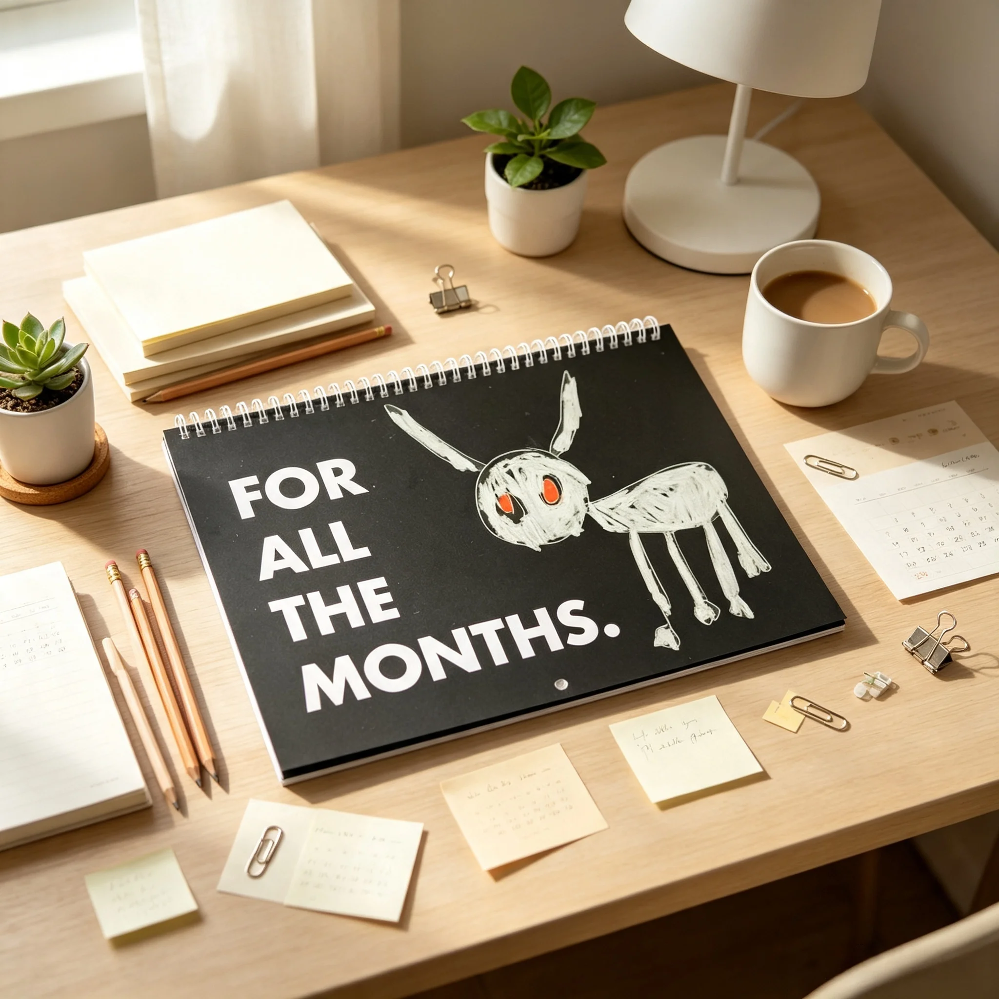 Spooky Hand-Drawn Monster Wall Calendar, Black Background Monthly Planner Notebook, Abstract Weird Creature Art Spiral Bound Calendar For All The Months