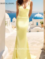 Customized Classy Long Yellow V Neck Satin Prom Dresses Sleeveless Backless Mermaid Sweep Train  فساتين للمناسبات الرسمية