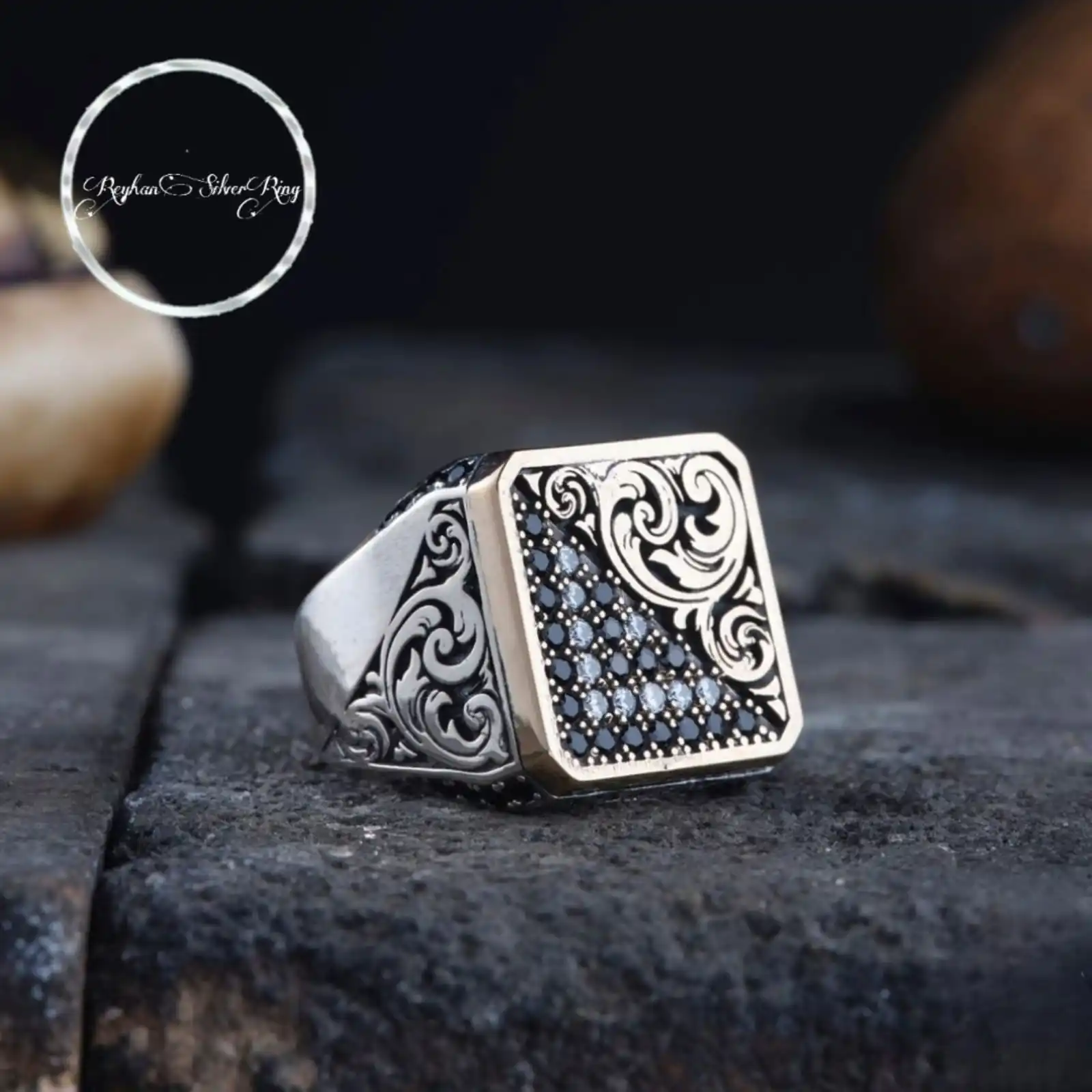 925 Sterling Silver Men's Ring Adorned with Engraving Patterned Atomic Stones, A Gift for You and Your Loved Ones, Handmade Ring