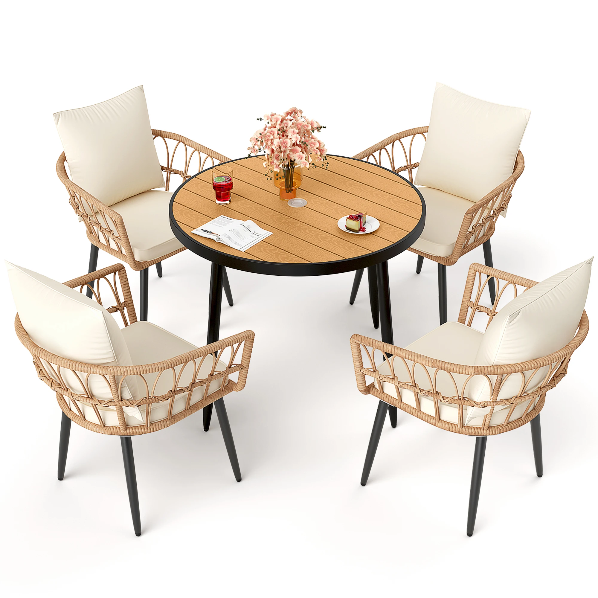 Juego de comedor para Patio, muebles de ratán PE para todo tipo de clima con mesa de madera, mesa y sillas de exterior con Remo, 5 piezas