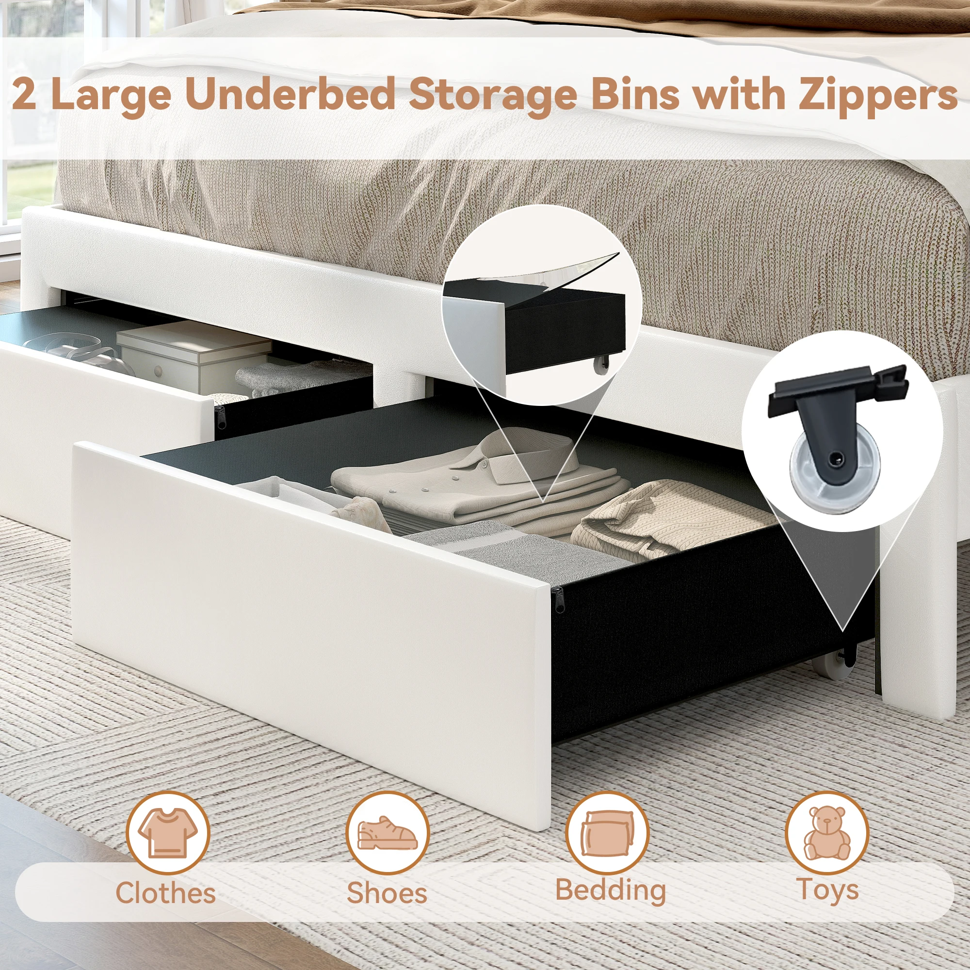 LED Bed Frame with Storage Drawers, Star Projector, Charging Station & Speaker, PU Leather/Velvet Platform, Noise-Free 4
