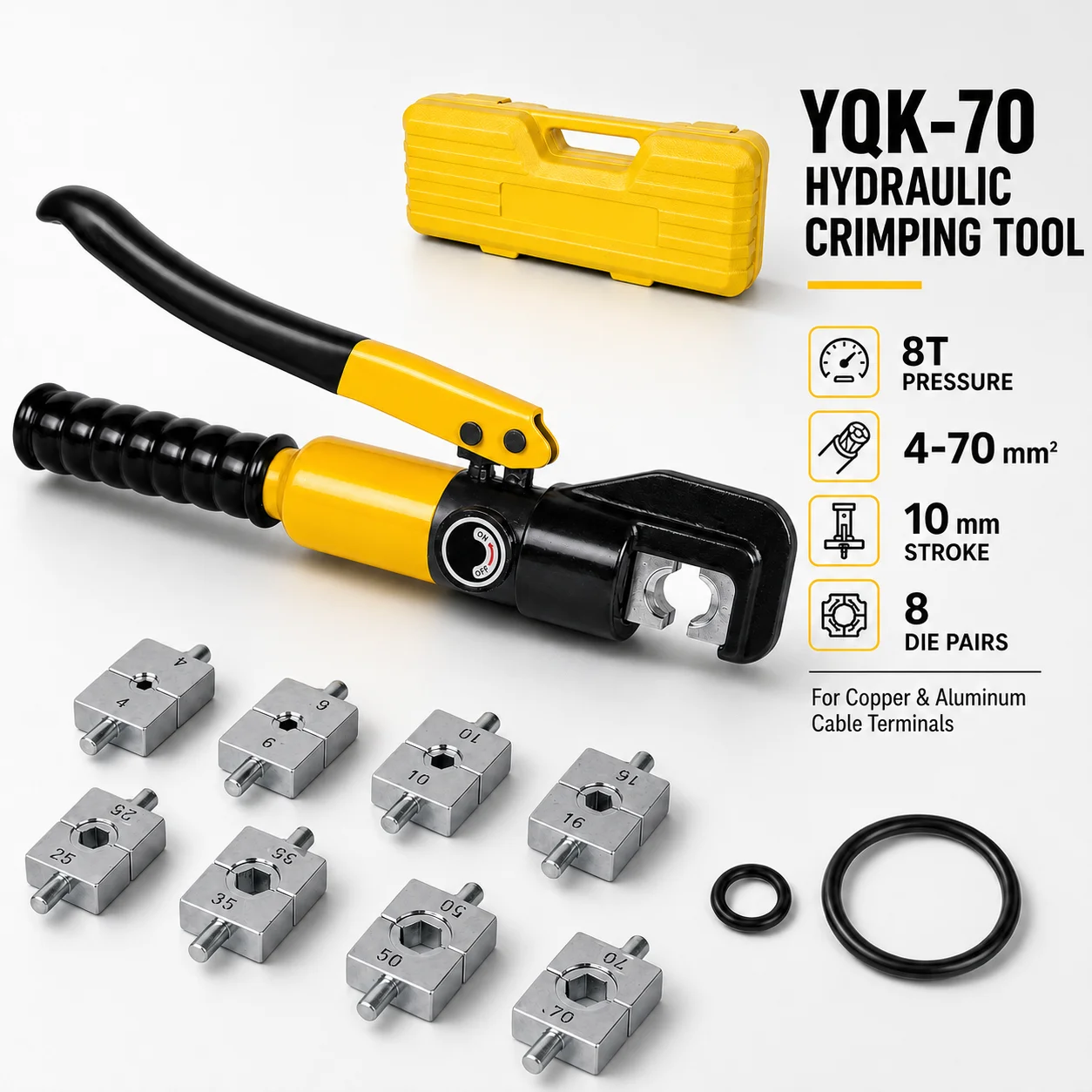 Pince à sertir hydraulique manuelle 8T, outil de sertissage de câbles 4-70 mm² avec 8 matrices, pince à sertir hydraulique à course de 10 mm pour câbles en cuivre et aluminium, terminaux et câblage