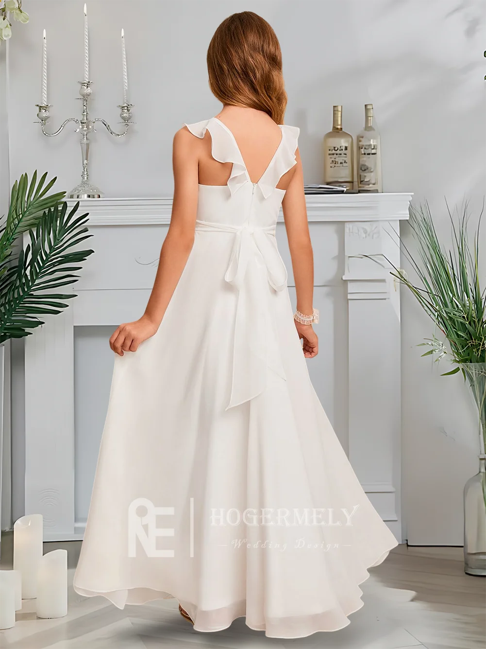 

A Luxurious Scoop Neck Junior Bridesmaid Dress Kids Pearl Flower Girl Dress A-Line Chiffon Floor-Length Garden Gala Wedding