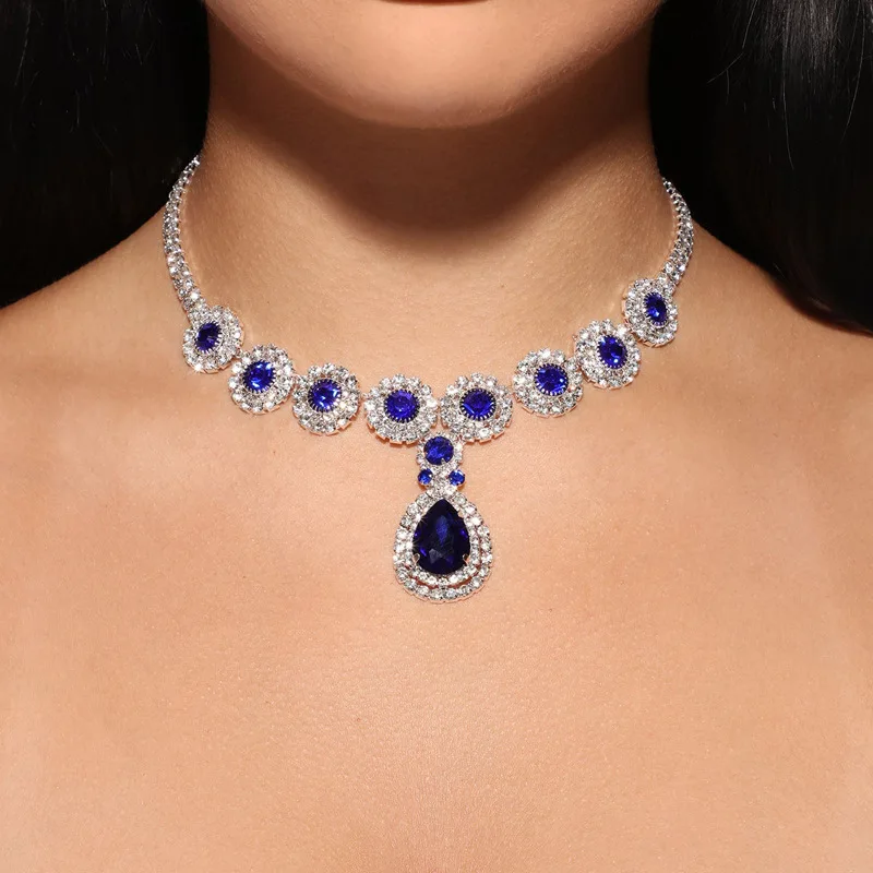 Stonefans New Blue Rhinestone Drop Necklace Bridal Jewelry for Women 2023 Accessories Wedding Crystal Necklace Jewellery Gift