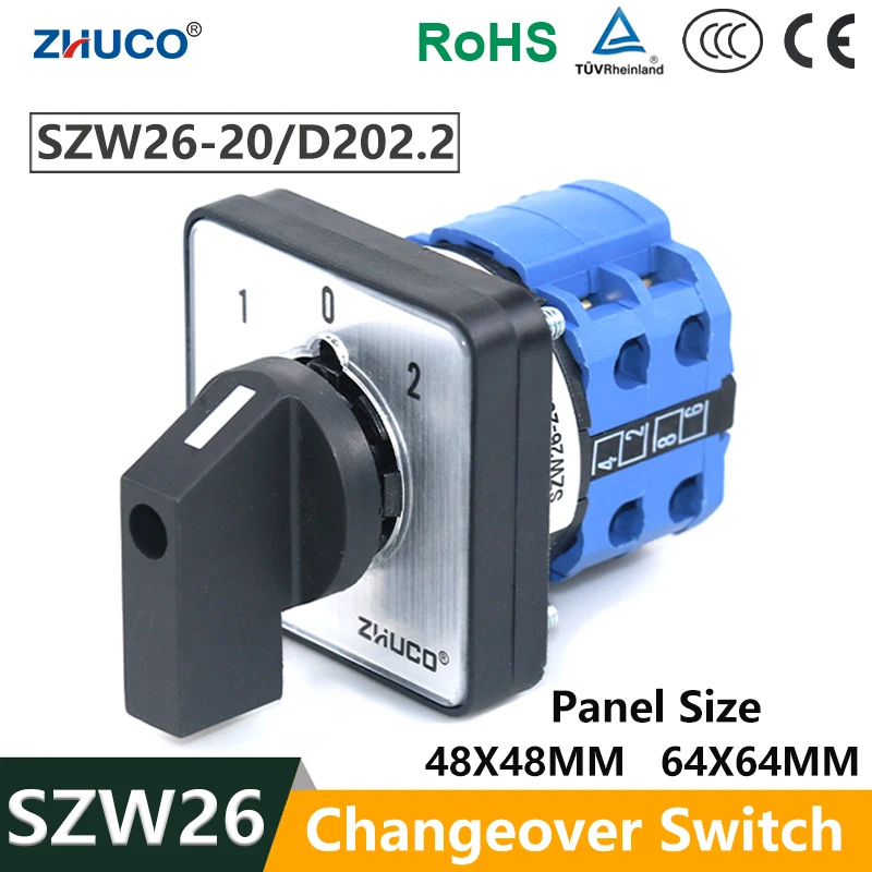 ZHUCO SZW26/LW26-20 660V 20A Self-locking 2 Poles 8 Terminals Transfer Connected Rotary Cam Switch 48X48/64X64 MM ON-OFF-ON