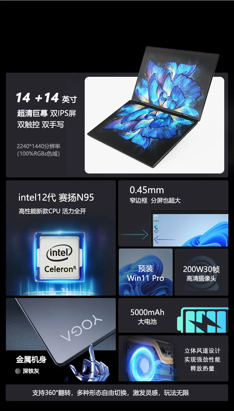 2024 OEM Tablet Laptop 2 w 1 procesor Intel z serii N100 biznes Laptop joga podwรณjny ekran dotykowy DDR5 16GB Notebook