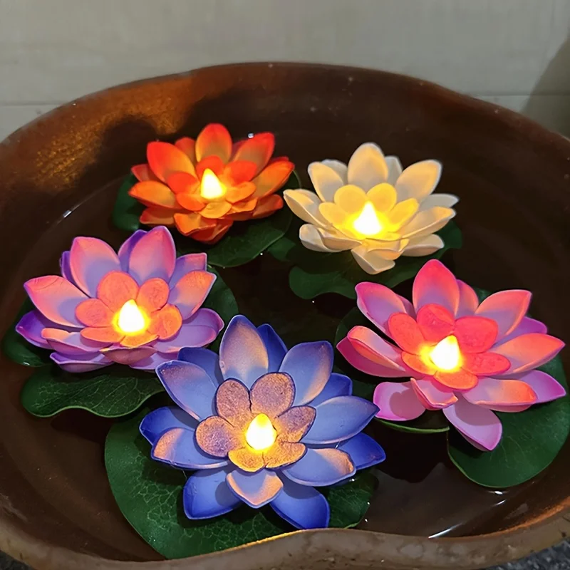 6pcs LED Floating Water Induction Lotus Flower Lamp Seven-color Waterproof Small Night Light Swimming Pool Water Pool Decoration