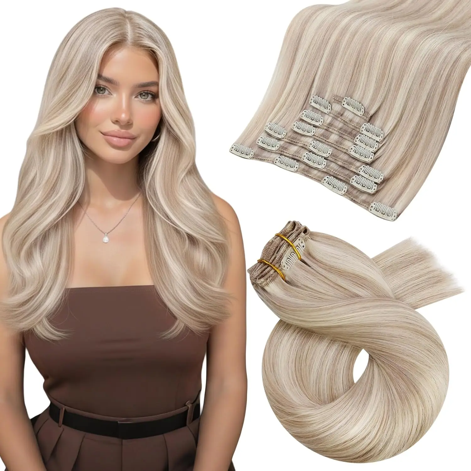 Moresoo Clip-in-Echthaarverlängerungen, blondes Haar, 100 % echt seidig, glatt, Ganzkopf-Haarverlängerungen, Clip-on-Haarverlängerung aus brasilianischem Remy-Haar
