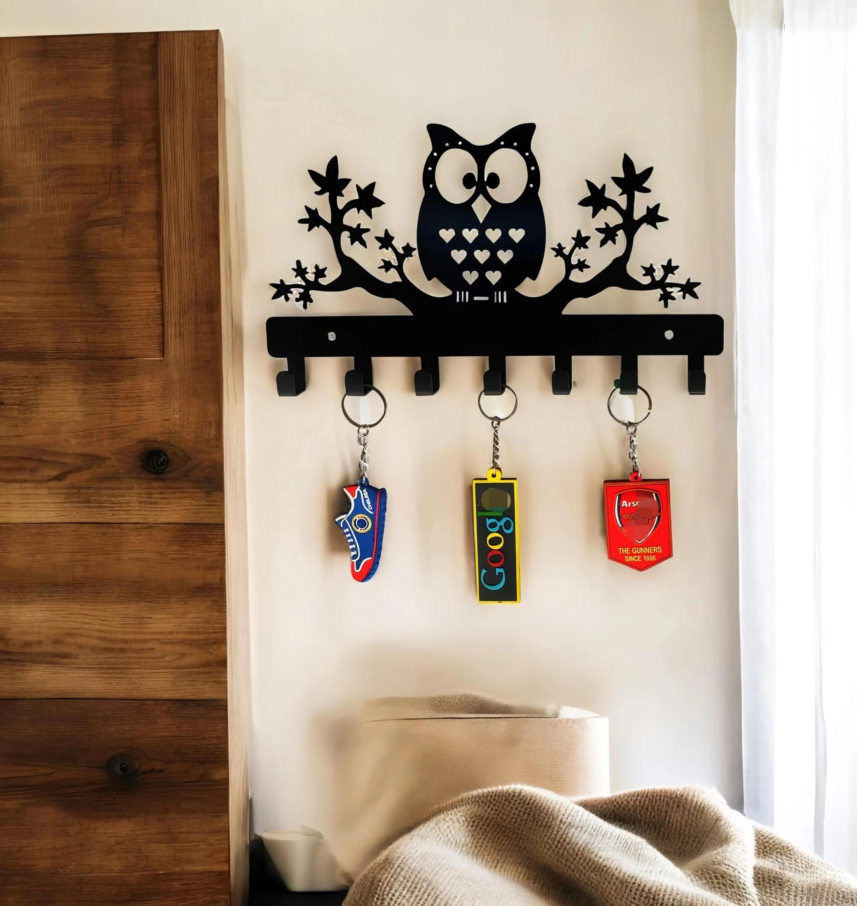 かわいいフクロウのメタルキーホルダー：壁掛けコート＆タオルラック