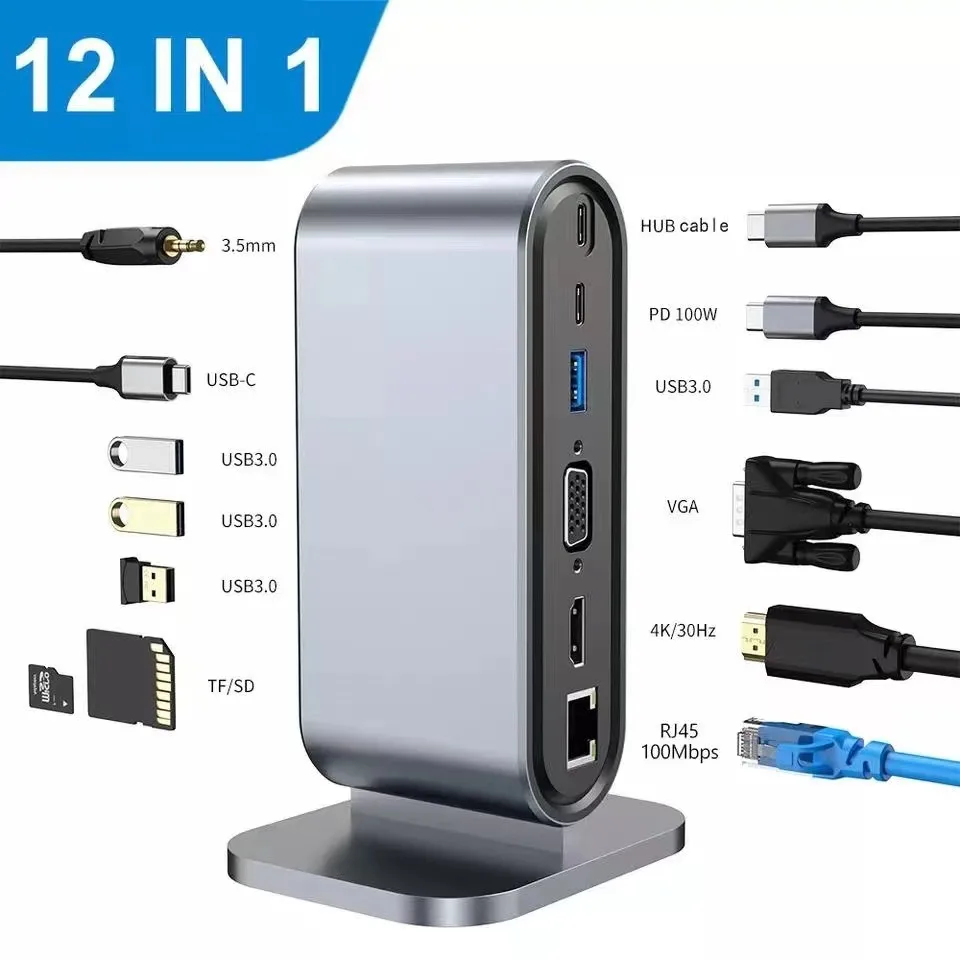 Airrniss 12 in 1 USB C to HDMI Multiport Adapter 4K VGA RJ45 Lan Ethernet SD TF 100W PD Typec Hub 3.0 3.5mm Audio/Mic for Laptop