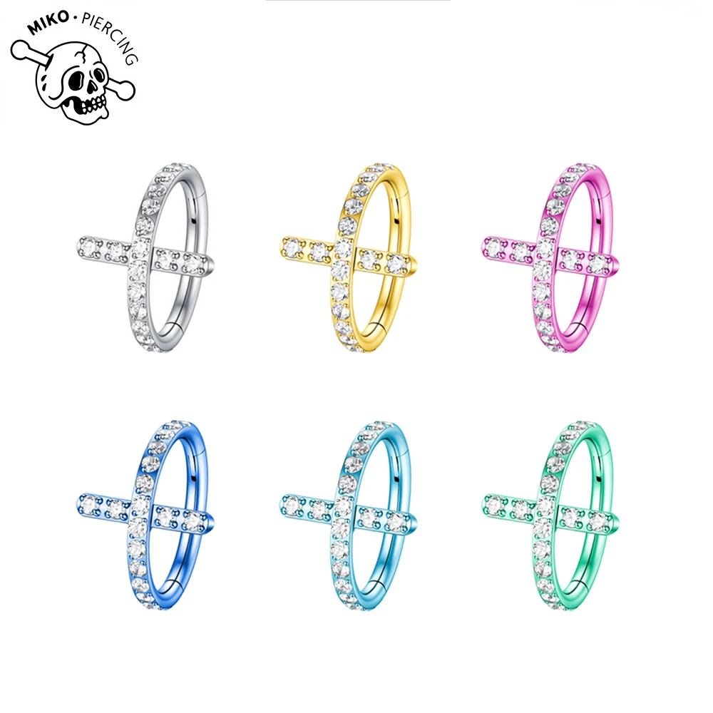 ATSM F136 Titanium Anodizing Piercing Zircon Cross Round Earring Helix Tragus Daith Piercing Septum Nose Hoop High Body Jewelry