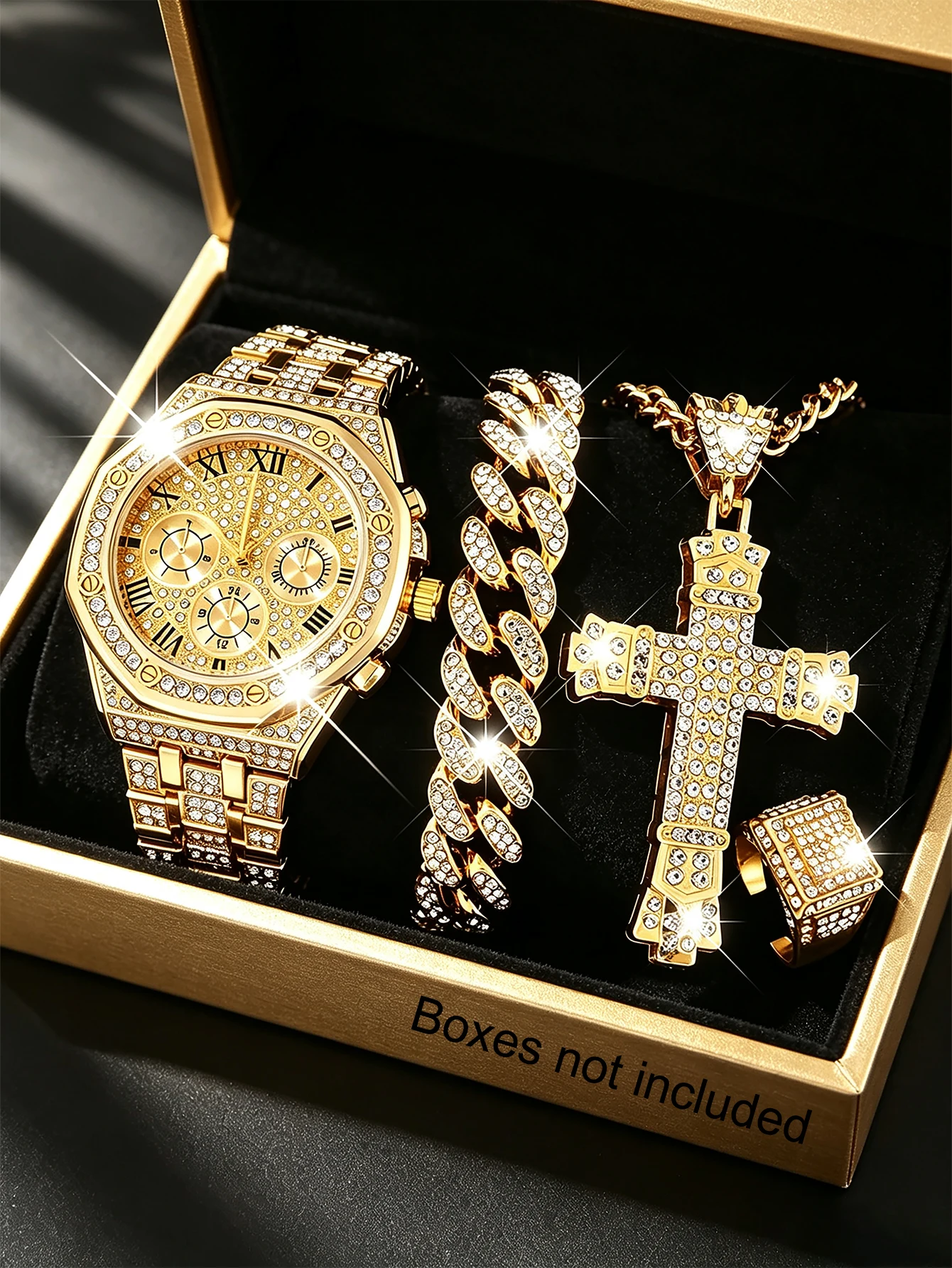 4-Piece Set of Fashionable Men's Watches with Zircon and Rhinestone Cross Decoration Jewelry Set, Hip-Hop Cuban Style, Gift for Father/Boyfriend