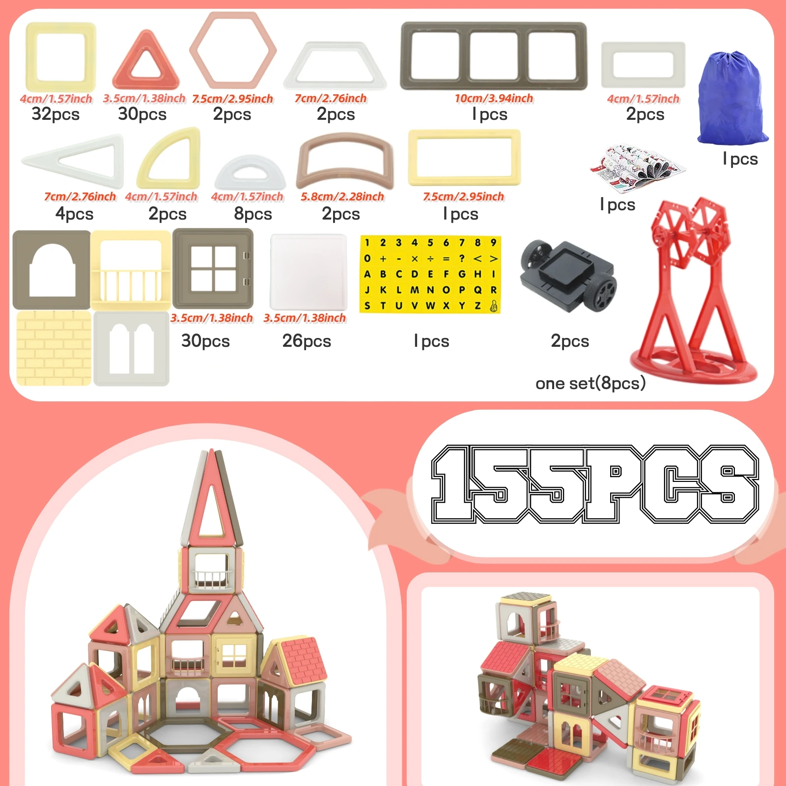 Set di blocchi magnetici da 155 pezzi, giocattolo educativo per bambini, kit di costruzione creativo e creativo unisex